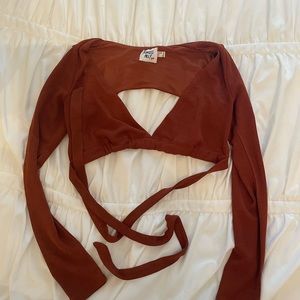 Princess Polly Brown cropped long sleeve wrap top